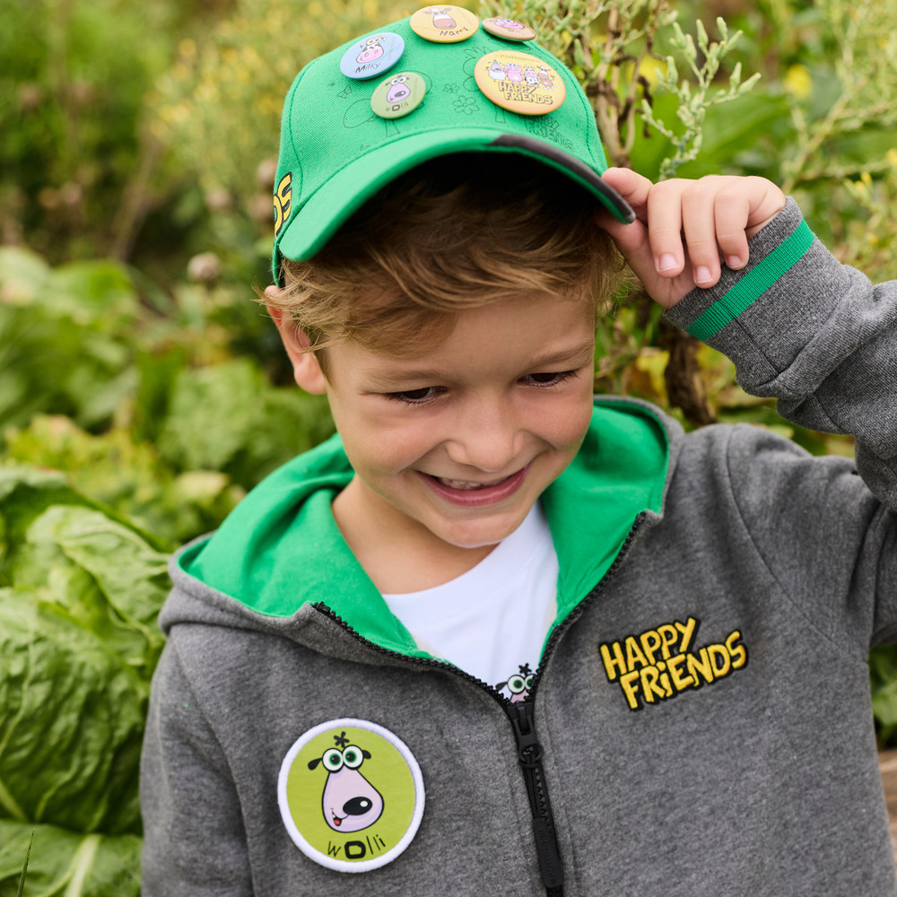 Hooded sweat jacket with patches